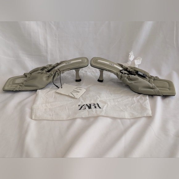 NWT ZARA Khaki Green Square Open Peep Toe Mule Sandal w/ Kitten Heel Size 6.5 - Picture 3 of 10
